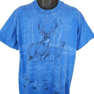 Vintage Deer T Shirt Mens Size XL Blue 90s All Over Print Nature Tee Made In USA
